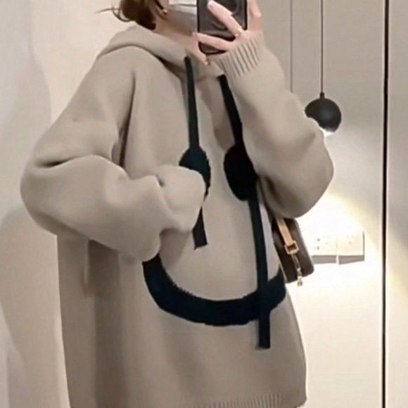 Khaki Casual Womens Cartoon Drop Shoulder Oversized Drawstring Hooded Sweater - Picture 4 of 4